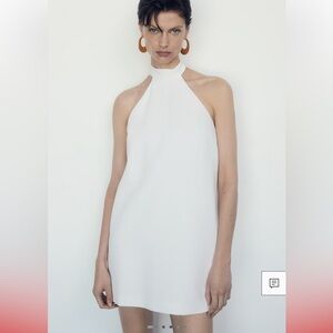 Mango halter-neck open-back dress in off white